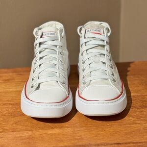 White High-Top Skechers Sneakers with Red Trim